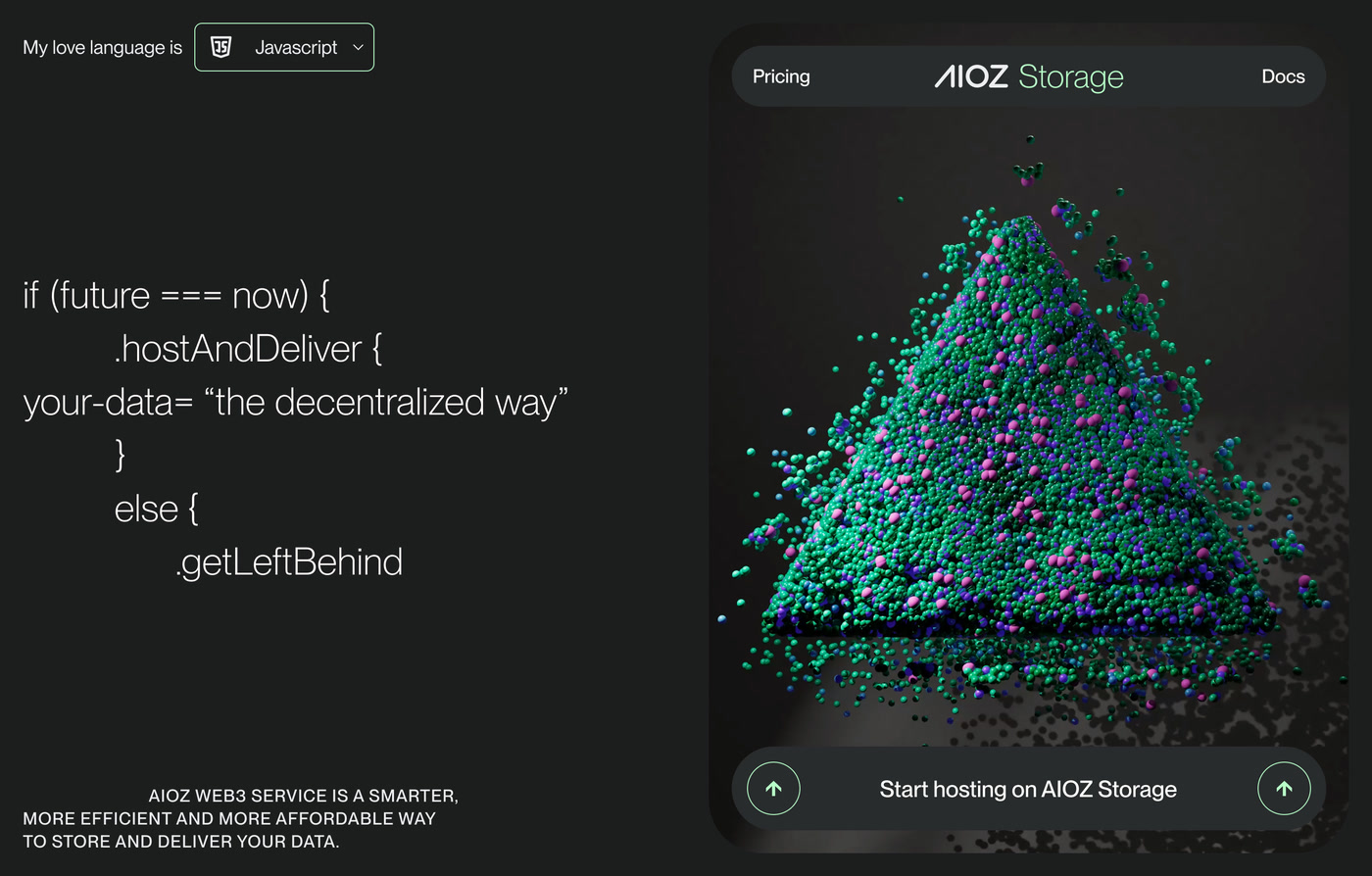 AIOZ Storage login page with a colorful particle form and a code-inspired message