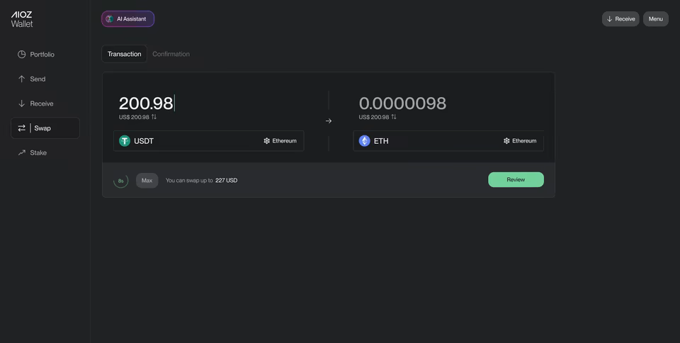 AIOZ Wallet token swap interface